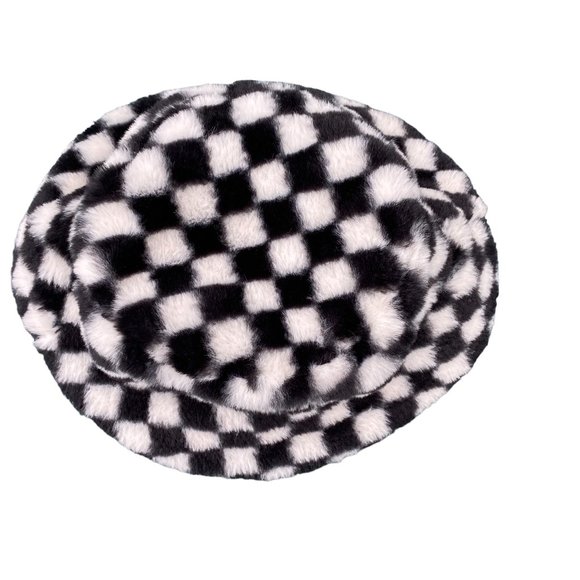 Urban Outfitters Y2K Checkerboard Faux Fur Bucket Hat Grunge Streetwear Celeb